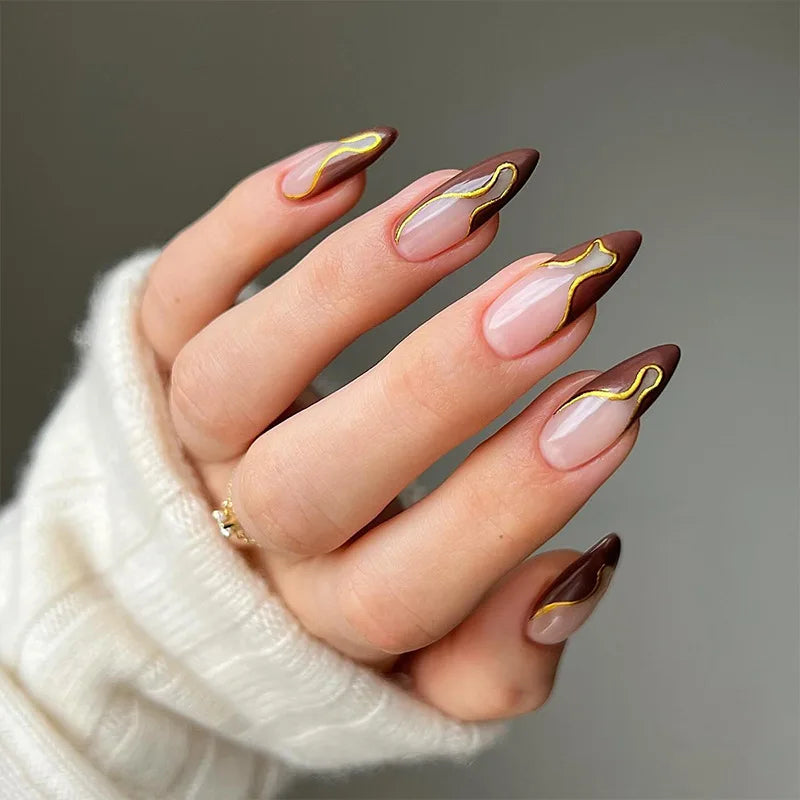 24Pcs Frosting False Nail almond with Golden Glitter Designs French Rhinestone Manicure Stiletto Fake Nails Set Press on Nails