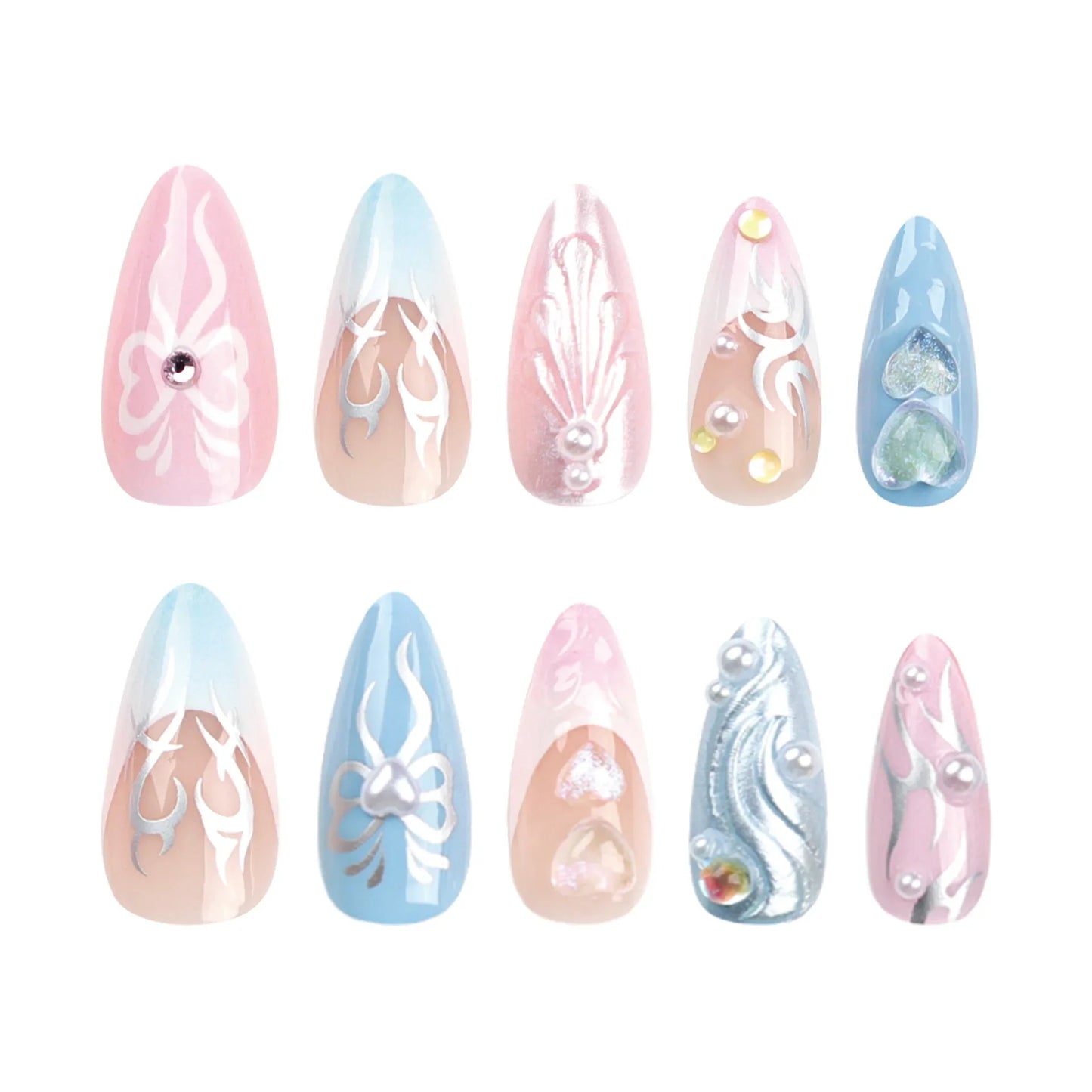 Aichashi New 3D Love Bows Fake Nail Pink Blue Almond False Nails Full Cover Wearable Artificial Nails Press on Nails Tip for Girls Women