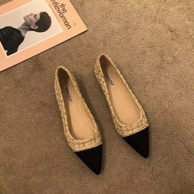 Aichashi Flat Shoes Spring New Chain Color Matching Fragrance Flat Shoes Female Korean Version of Joker Pointed Shallow Soft Shoes