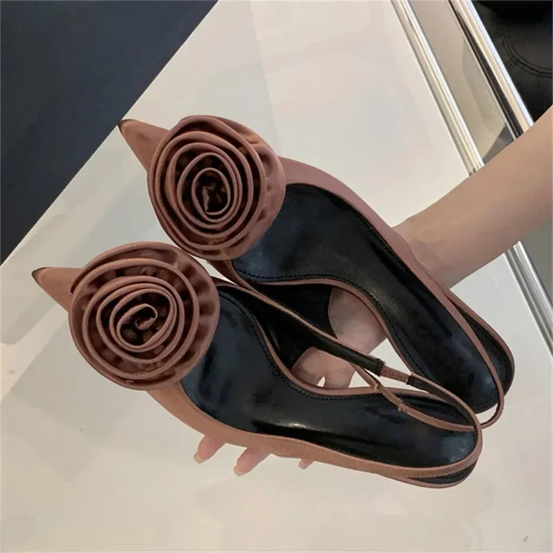 aichashi  -  Sweet Silk Slingback Pointed Toe Women Pumps Summer Fashion Flowers Design Sandals for Women Luxury Thin High Heels Party Shoes