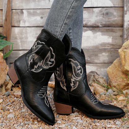 Aichashi Black Embroidery Western Cowboy Boots Women Plus Size Thick Heels Ankle Boots Woman Pointed Toe Slip On Short Booties