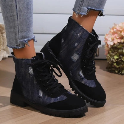 aichashi  -  Women'S Boots Fashion Retro Denim Patchwork Lace Up Flat Bottomed Short Boots Vintage Zapatos Mujer Flat Shoes Ankle Boots