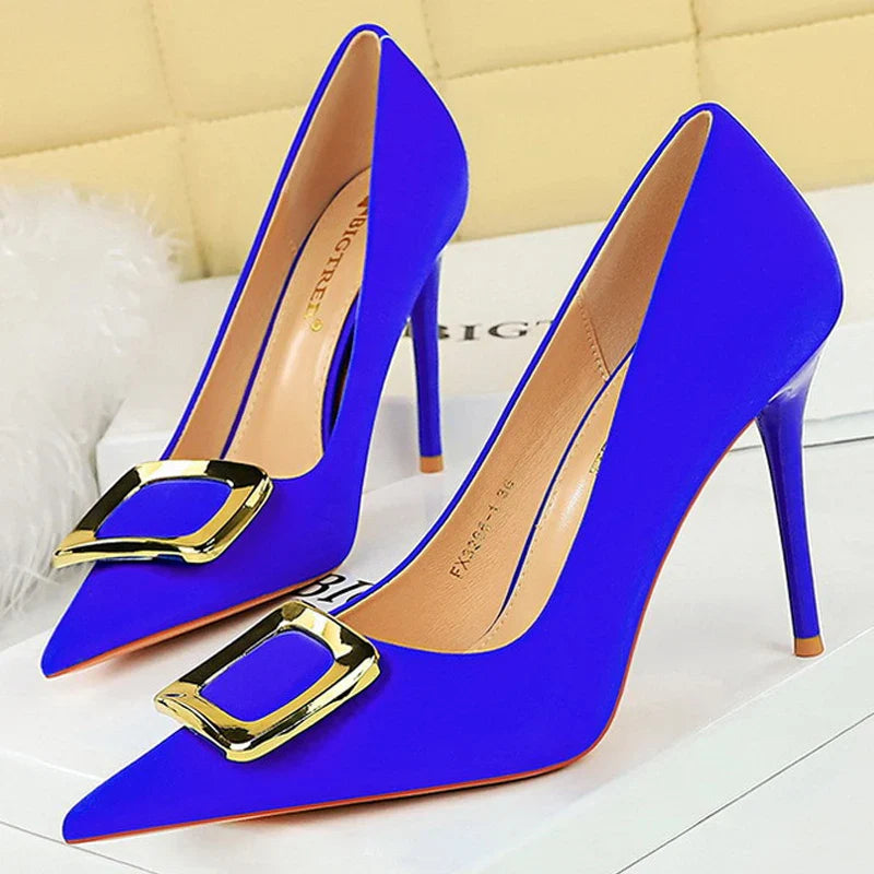 aichashi  -  Shoes Metal Buckle High Heels Women Shoes Silks Satins Pointed Toe Women Pumps Stilettos Fashion Office Shoes 10 Colors