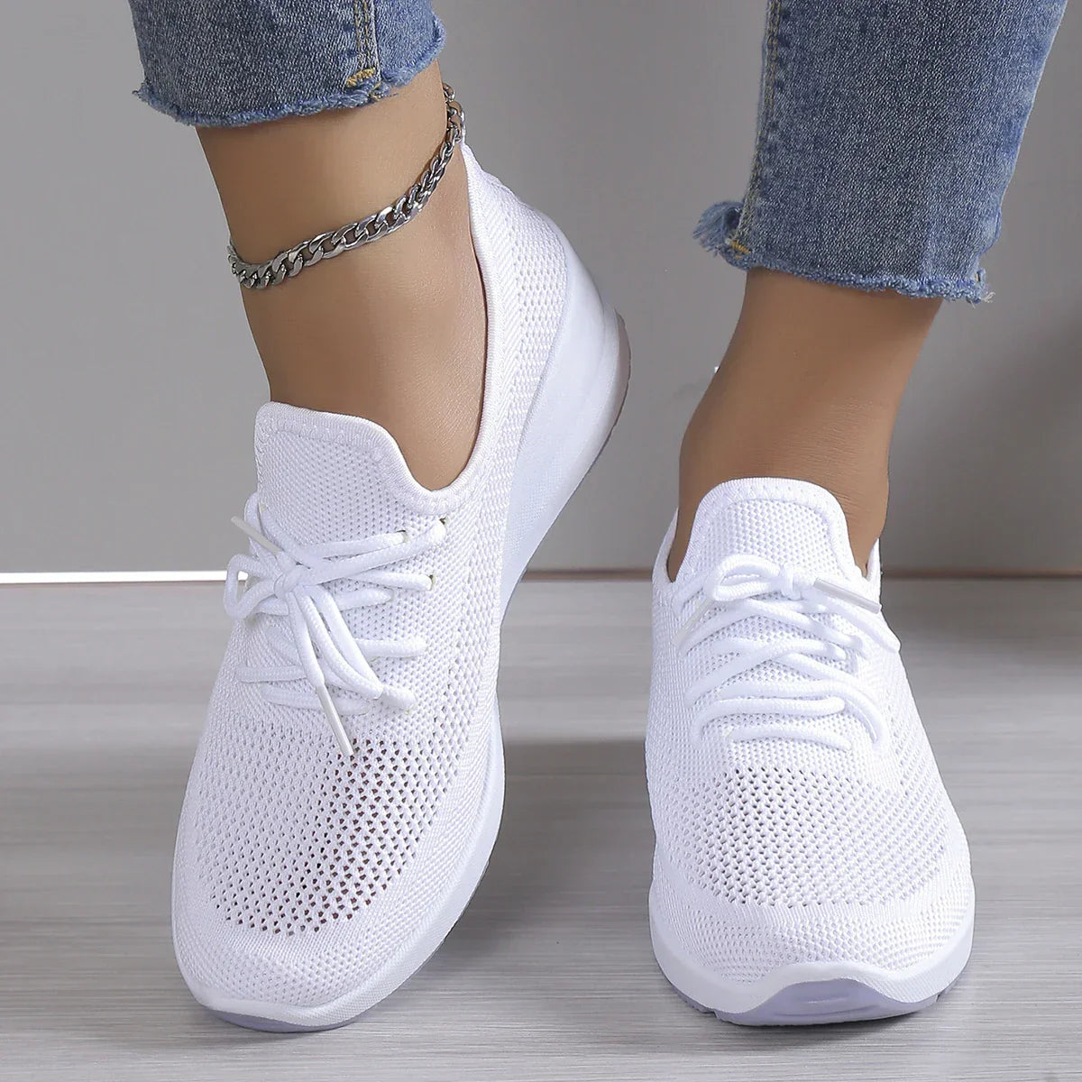 Aichashi 2024 Spring Breathable Wedge Sneakers Women Mesh Knitted Platform Sports Shoes Woman Casual Non-Slip Lace Up Tennis Shoes Ladies