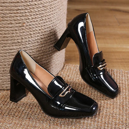 aichashi  -  Chunky Loafer Shoes Women Pumps Brand High Heels Loafers Metal Buckles Square Toe Black Patent Leather Casual Platform Shoes