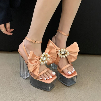 aichashi  -  Satin Bows Transparent Sandals Women Pumps Square Head Party Dress Bridal Shoes Summer Sexy Crystal Platform High Heels Ladies