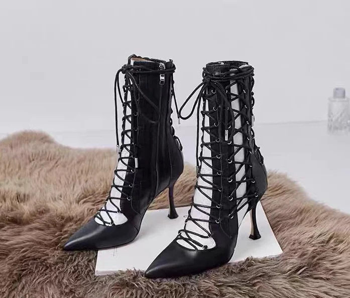 aichashi  -  Women Sexy Black Pointed Toe Boots Female Cross-Tied High Heels Ankle Boots Girls Hollow Lace-up Dress Solid Shoes