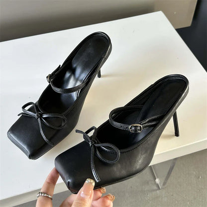 aichashi  -  Designer Bowknot Buckle Strap Pumps Women Sexy Square head Thin Heels Wedding Banquet Dress Mule Ladies Shoes