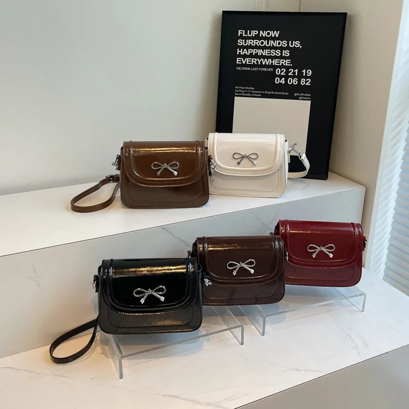 Aichashi 2024 Retro Small Flap Bag Women Korean Fashion Handbags and Purses Bow Design Shoulder Bag PU Leather Crossbody Bag