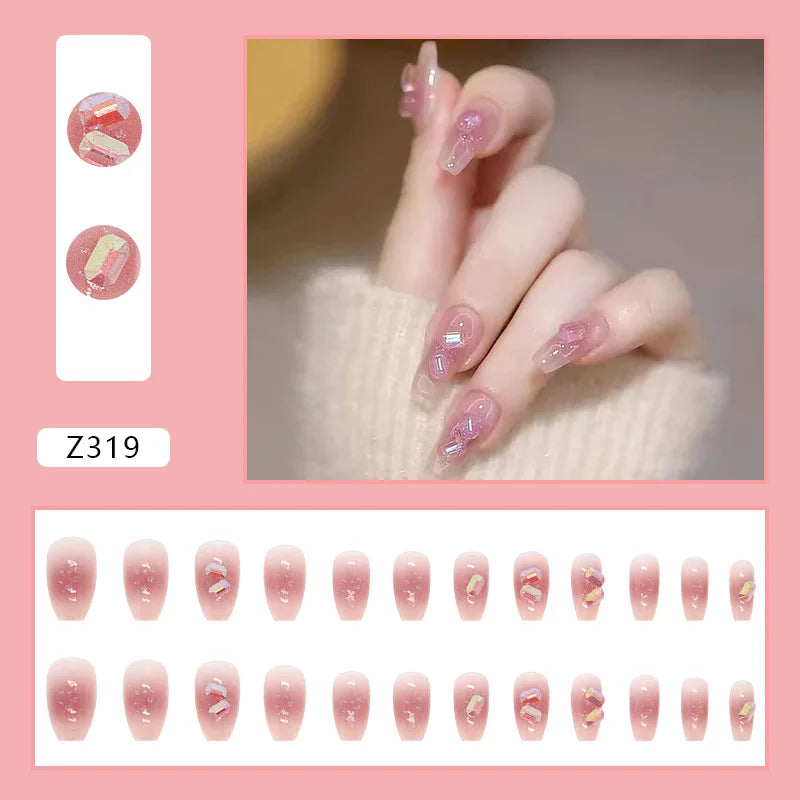 Aichashi 24pcs/box Fake Nails Press on Reusable with Designs Set French Artificial Aurora Diamond False Tipsy Stick-on Nails Tips Art