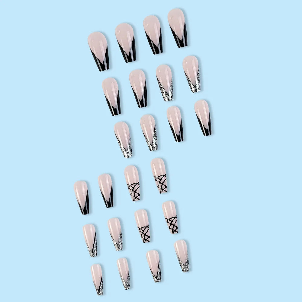 24 Pcs Long Coffin Press On Nails Pink Frech Style Glitter Fake Nails Glossy Artificial Finger Manicure False Nails For Women