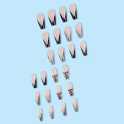 24 Pcs Long Coffin Press On Nails Pink Frech Style Glitter Fake Nails Glossy Artificial Finger Manicure False Nails For Women