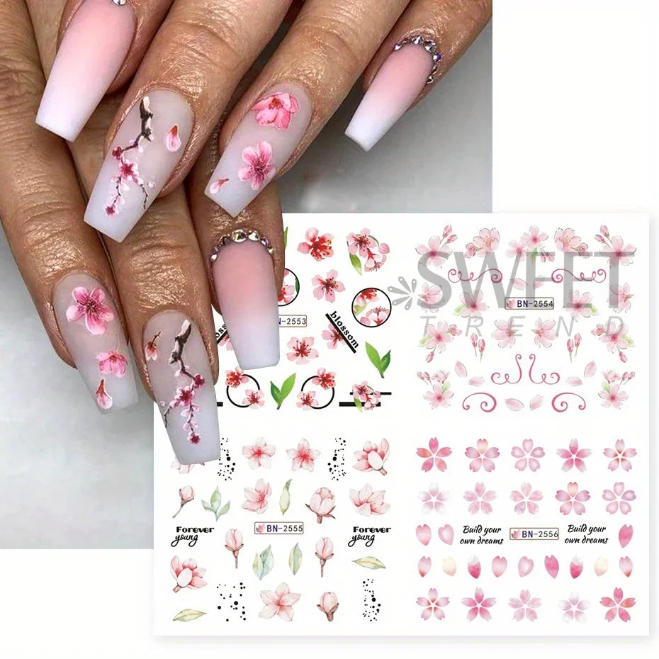 Aichashi 12pcs Pink Cherry Blossom Water Nail Sliders Winter New Year Sakura Floral Leaves Stickers DIY Charm Accessories Manicure Decor