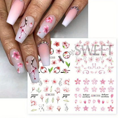 Aichashi 12pcs Pink Cherry Blossom Water Nail Sliders Winter New Year Sakura Floral Leaves Stickers DIY Charm Accessories Manicure Decor