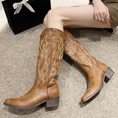 Aichashi Embroidered Western Cowboy Boots for Women Autumn Pointed Toe Knee High Boots Woman Chunky Heels Slip-On Thigh High Booties