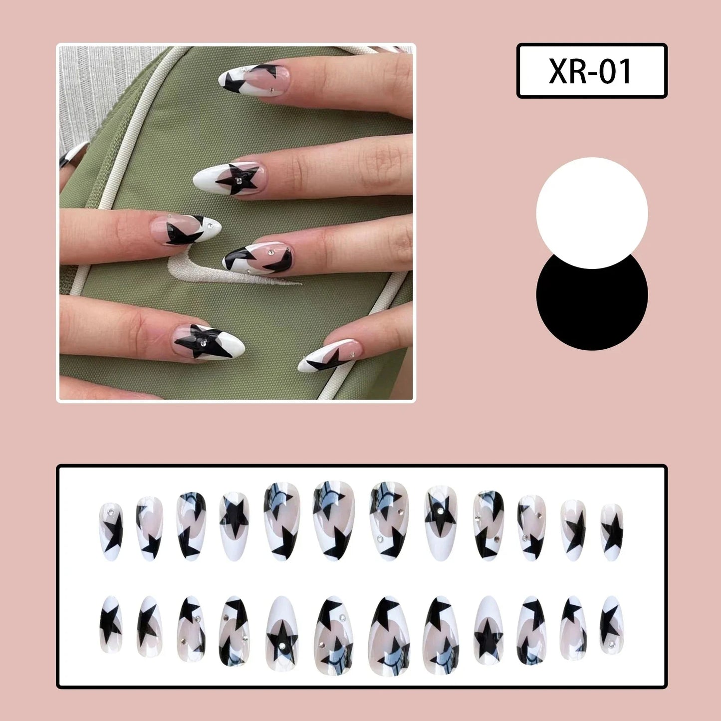 24pcs y2k Fake Nails Black White Star Printed Press on Nail Tips Long Coffin European Artificial Nail Patch for Girl Women