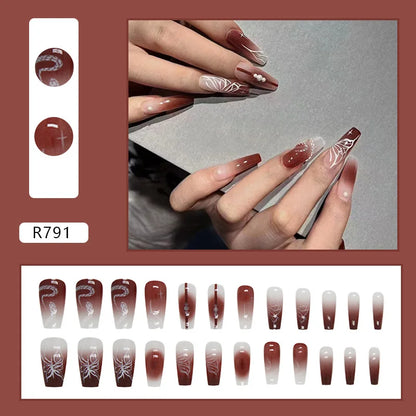 24pcs false nails matte Green Nails Patch with glue Removable Long Paragraph Fashion Manicure press on Nail tips