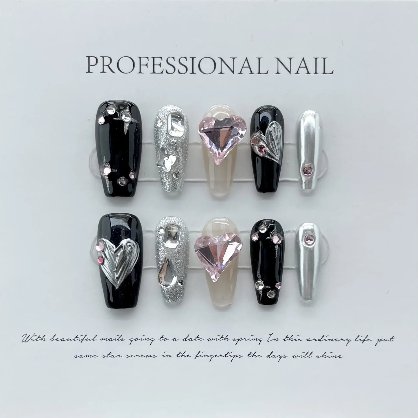 10pcs Handmade Y2k black Press On Nails Pink Heart Design Reusable Fake Nails Artificial Manicure Wearable False Nails For Girls