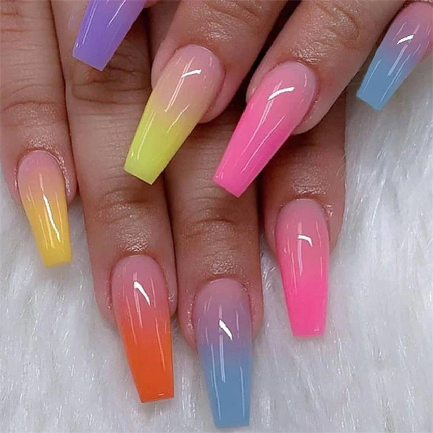 24Pcs/Set Acrylic Long Ballet Press on Nail Tips Coffin Wearing Reusable False Nails Art Colorful Glossy Fake Nails Artificial