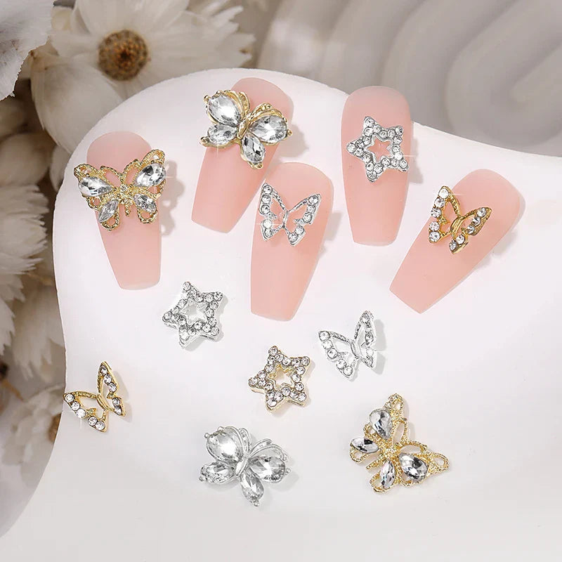 Aichashi 10pcs/bag Butterfly Shaped Nail Rhinestone Star Flower Nail Charm Silver Gold Alloy Nail Pearl Jewelry Accessories Nail Supplies