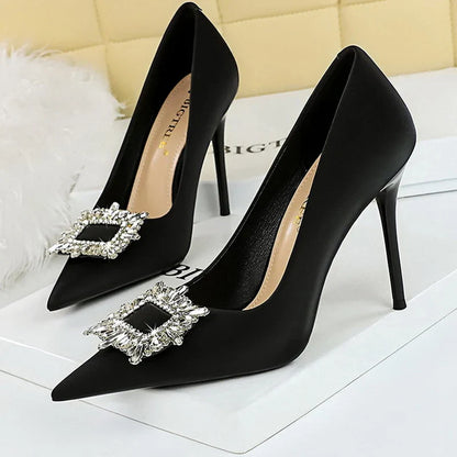 aichashi  -  Shoes Women 10 Cm Heels Metal Rhinestone Luxury Banquet Shoes Woman Pumps Fashion High Heels Silks Satins Lady Stilettos