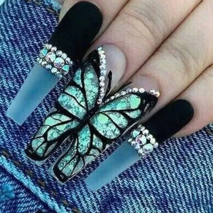 24Pcs Black Butterfly False Nails Long Ballet Full Cover Press on Nails Detachable Coffin Fake Fingernails Manicure Tools