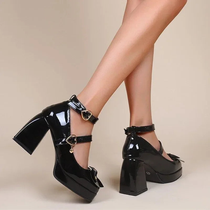 aichashi  -  Black High Heels Pumps Women Punk Heart Buckle Design Chunky Platform Lolita Shoes Woman Bowtie Thick Heel Gothic Shoes