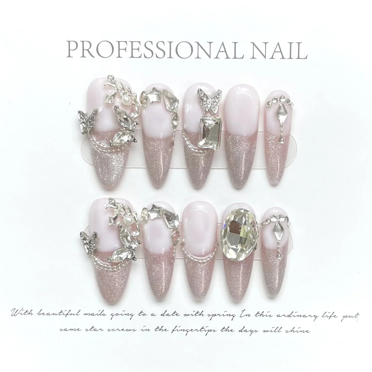 Cat Eye Love press on acrylic nails almond Handmade Wearable false Nails Irregular Diamonds full cover ballet fake Manicure