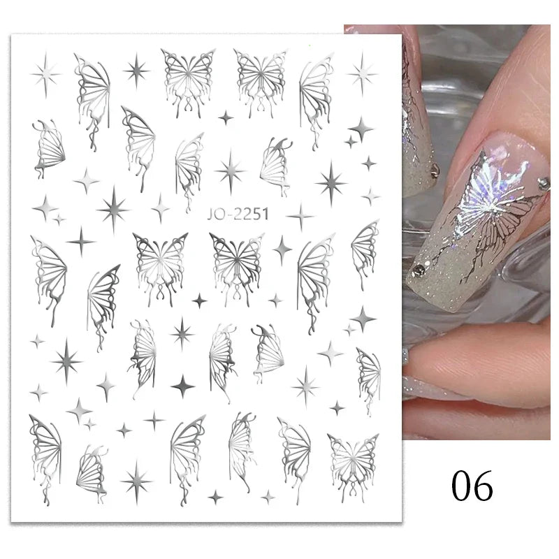 Aichashi 1PCS Black White Butterfly Laser Nail Stickers Y2K Nail Art Decoration Abstract Lines Bronzing Flowers Stickers For Nails