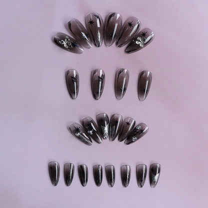 Aichashi 24pcs Press on Nails Long Almond 3D Butterflies Fake Nails Press on Nails  Shiny Rhinestones Way Sweet French Tip  Cute Nail