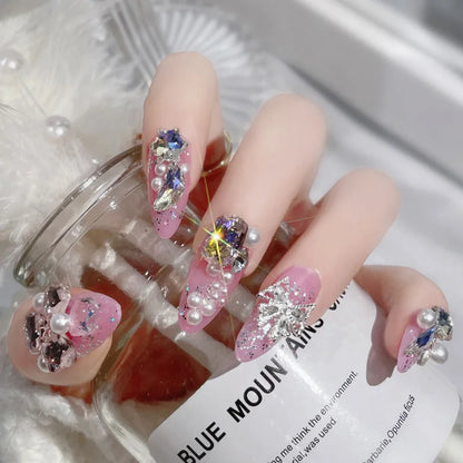 Aichashi Ins Large Crystal False Nails 3D Rhinestone Pearl Decor Bridal Fake Nail Patch Shiny Korean Wedding Artificial Nail Art Tips