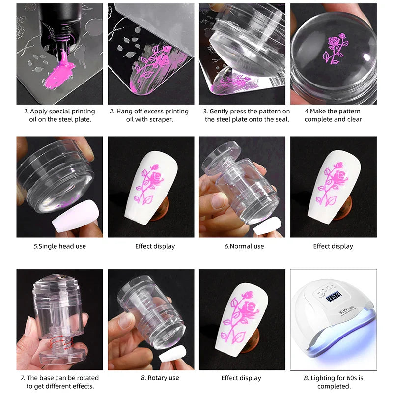 Aichashi New Rotatable Transparent Stamps Variable Pattern Size Silicone Fingertip Printing French Nail Seal Stamper Scraper Tool