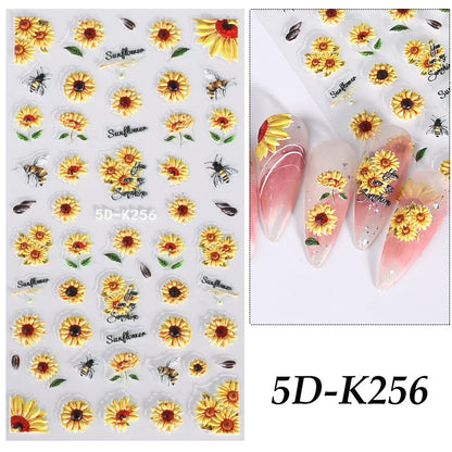 5D Yellow Sunflower Embossed Nail Sticker Acrylic Flower Leaf Bee Butterfly Summer Engrave Gel Polish Manicure Slider Decoration