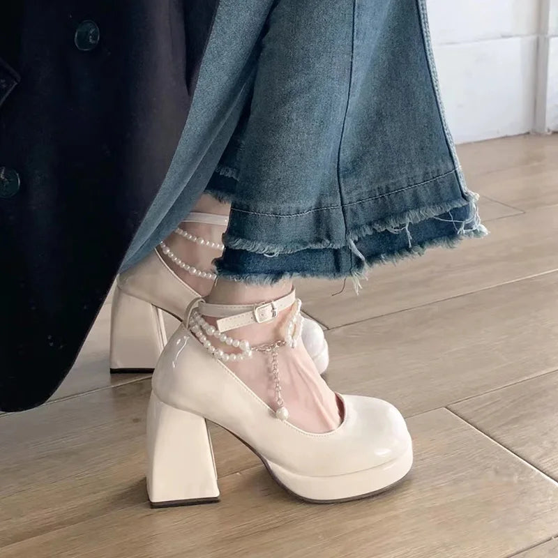 aichashi  -  Fashion Ankle Strap Pearl Pumps for Women New High Heels Platform Mary Janes Woan Round Toe Thick Heel Party Shoes Female