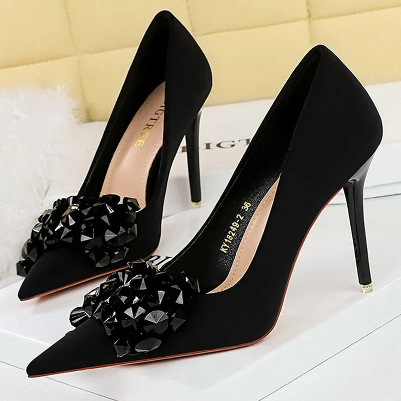 aichashi  -  Shoes Gemstone Bowknot Women Pumps Silks Satins High Heels Sexy Party Shoes Fashion Stilettos Wedding Shoes Stilettos