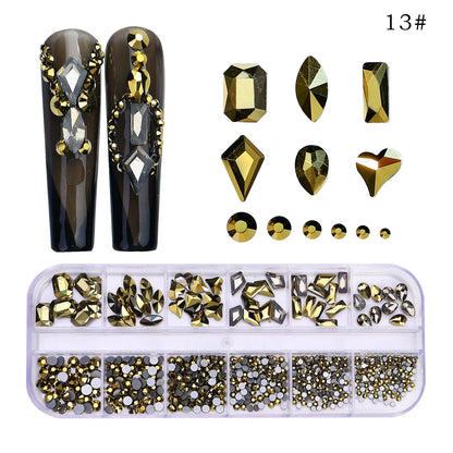 12 Grids/Box Multi-Size Nail Art Rhinestone Decorations AB Crystal Diamond Gems 3D Nails Glitter Glass Non Hotfix Strass Jewelry