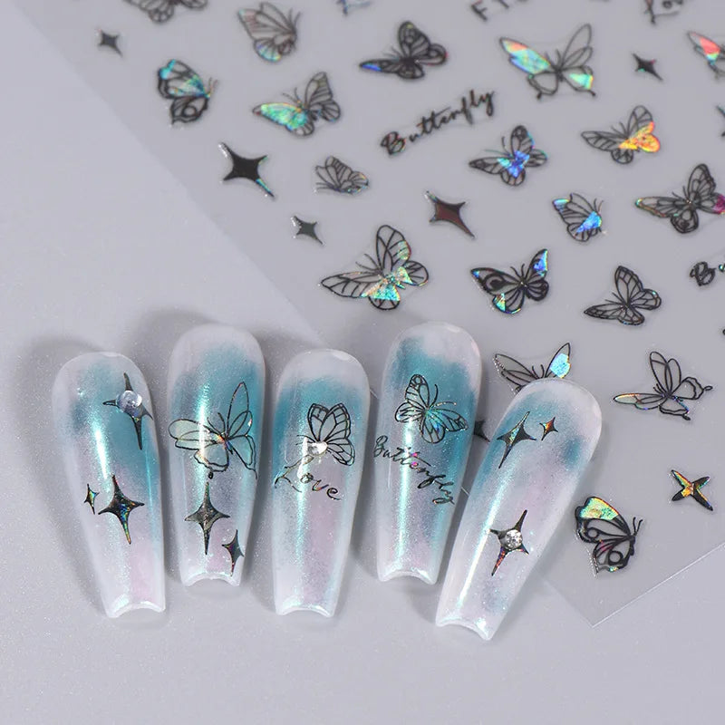 Aichashi 1PCS Black White Butterfly Laser Nail Stickers Y2K Nail Art Decoration Abstract Lines Bronzing Flowers Stickers For Nails