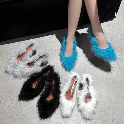 aichashi  -  Novelty Design Furry Women Pumps Fashion Plush Tassel Style High Heels for Women Back Strap Thin Heeled Sandals Zapatos Mujer