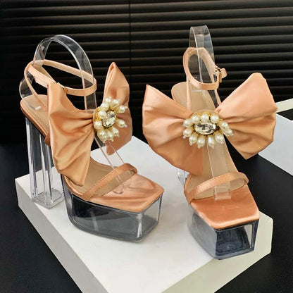 aichashi  -  Satin Bows Transparent Sandals Women Pumps Square Head Party Dress Bridal Shoes Summer Sexy Crystal Platform High Heels Ladies