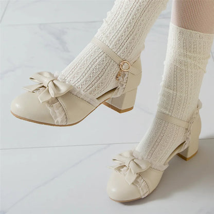 aichashi  -   Spring Women High Heels Mary Jane Pumps Party Wedding White Pink Beige String Bead Bow Princess Cosplay Lolita Shoes 31-43