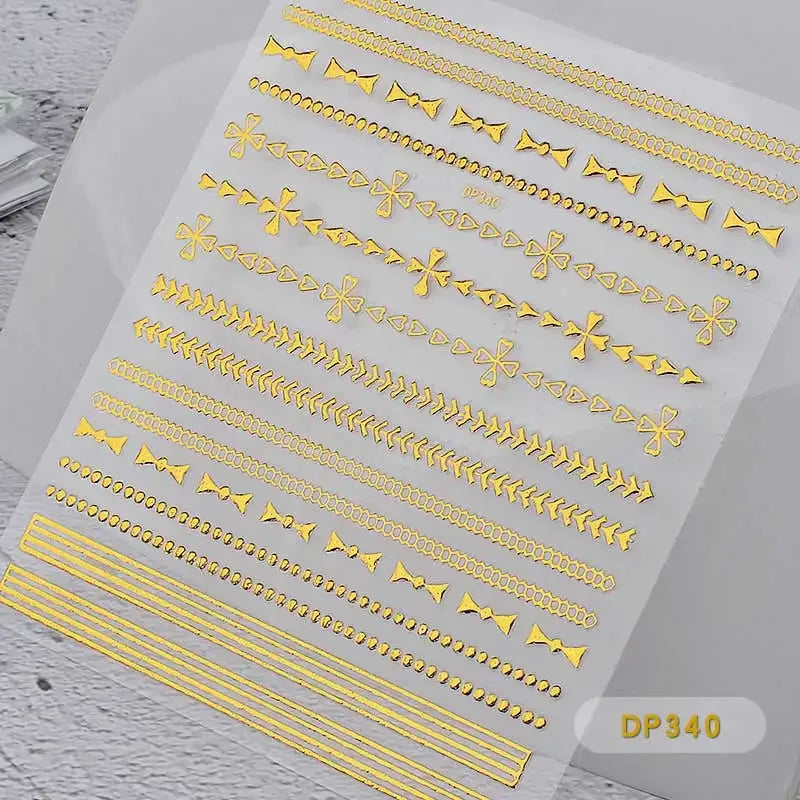 1 Sheet Gold Metal Chains Nail Stickers Mix Wave Heart Bow 3d Golden Metallic Adhesive Sticker DIY Manicure Nail Art Decorations