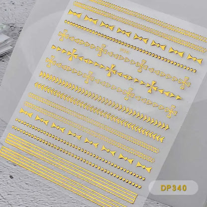 1 Sheet Gold Metal Chains Nail Stickers Mix Wave Heart Bow 3d Golden Metallic Adhesive Sticker DIY Manicure Nail Art Decorations