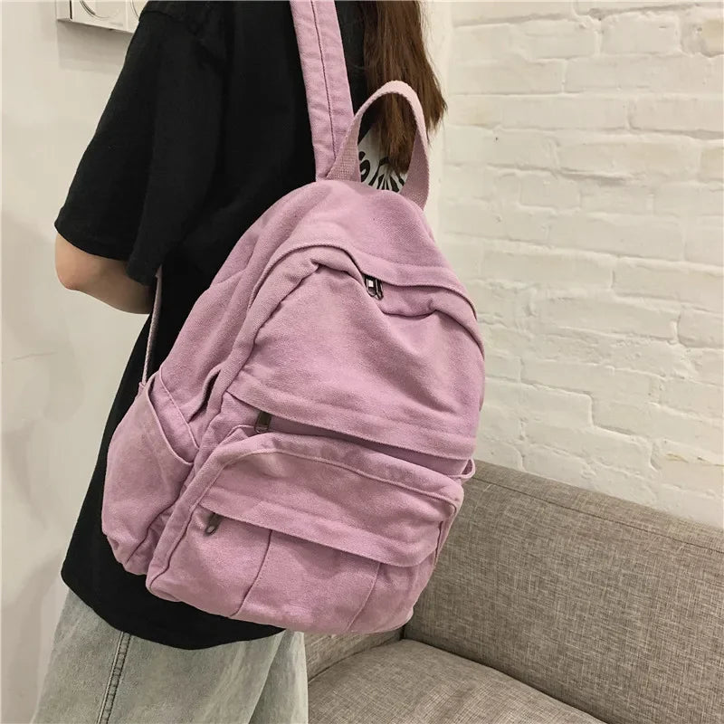 aichashi Solid Color Backpack Women Canvas School Bags For Teenage Girls Casual Travel Backpack Female Student School Backpack BACK TO SCHOOL