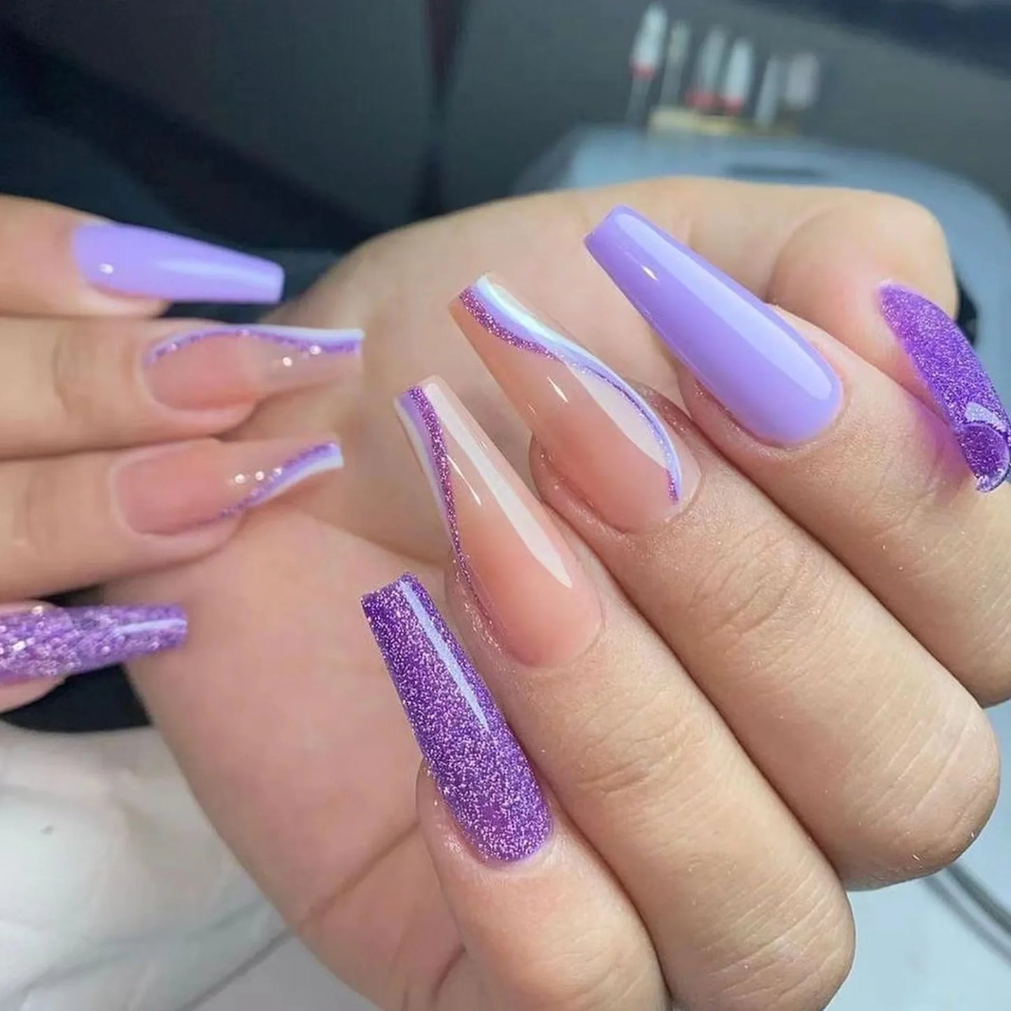 Aichashi French purple Long False Nails with white edge gradient Design ballet Fake Nails with diamond Full Cover Press on Nails Manicure