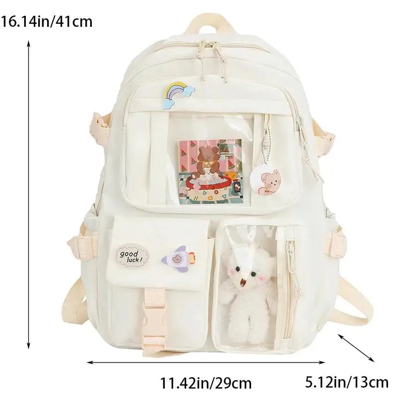 aichashi Preppy School Bag Student Backpack Nylon Cute Girl Backpack Badge Pendant Travel Bag