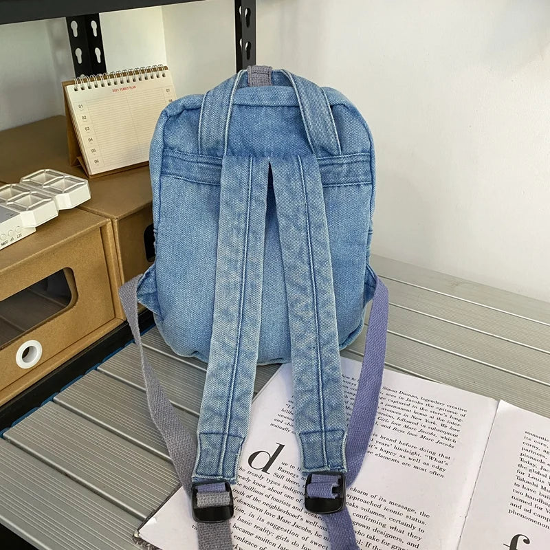 Aichashi BACK TO SCHOOL Casual Denim Student Bag Portable Multi-functional Travel Backpack Light Blue Fashionable Denim Backpack