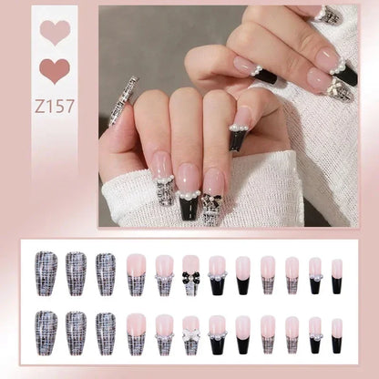 Aichashi 24pcs/box Fake Nails Press on Reusable with Designs Set French Artificial Aurora Diamond False Tipsy Stick-on Nails Tips Art