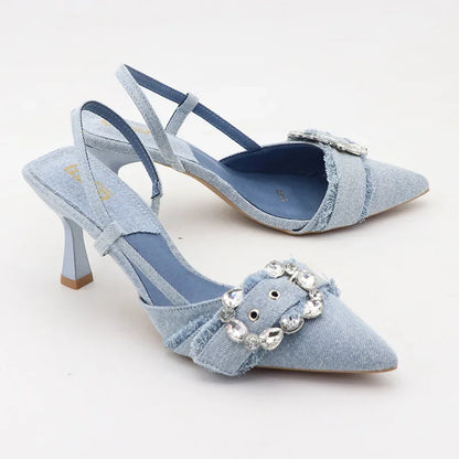 aichashi  -  Denim Rhinestone Blue High Heels Sandals Designer Summer Office Women Shoes Pointed Toe Low Heel Elegant Jean Ladies Shoes Pumps