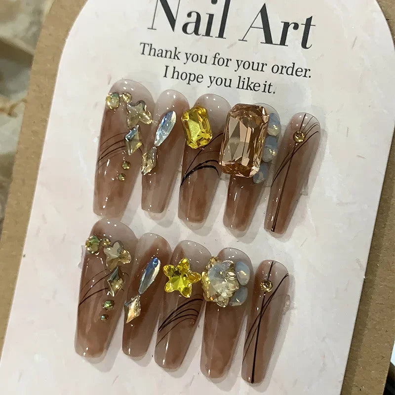 Aichashi 10pcs Detachable graident brown ballet Fake Nails with Rhinestone Long Coffin artificial Nails with glue Full Cover false Nails