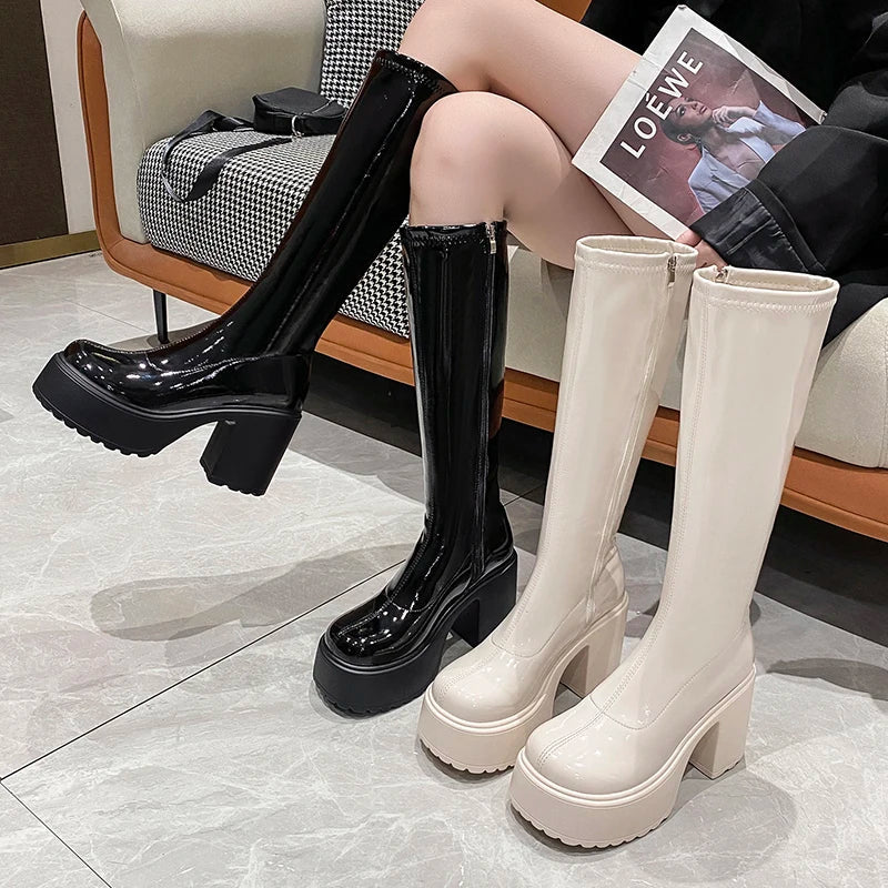 Aichashi Chunky Heel Platform Long Boots for Women Black Patent Leather Knee High Boots Woman Winter Thick High Heels Punk Shoes